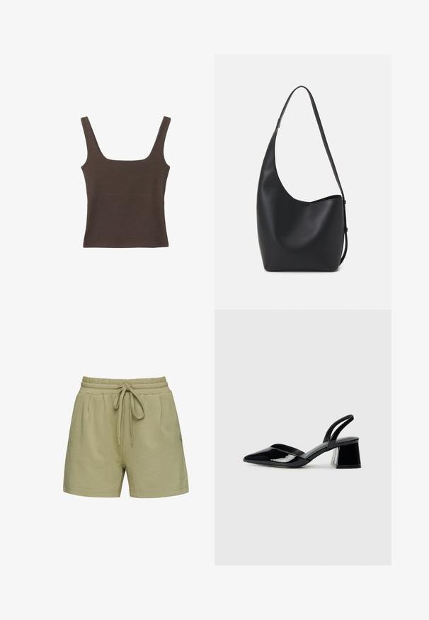 Brązowa bezrękawnikowa bluzka o kwadratowym dekolcie, wykonana z miękkiego, elastycznego materiału. Posiada dopasowany krój i płaskie szwy.; Szorty z mieszanki lnu w stonowanej zieleni, z elastycznym paskiem w talii i sznurkiem, dwoma bocznymi kieszeniami oraz luźnym krojem.; Czarne lakierowane półbuty na obcasie z wydłużonym noskiem i geometrycznym słupkiem. Charakteryzują się eleganckim, minimalistycznym designem oraz gładką fakturą.; Czarna skórzana torba hobo o gładkiej fakturze, zaokrąglonym kształcie i pojedynczym, regulowanym pasku; posiada szerokie otwarcie na górze.