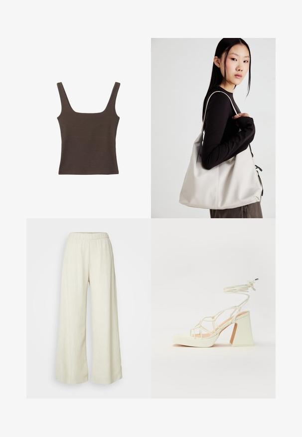 Smešani smeđi top bez rukava sa kvadratnim izrezom, izrađen od mekanog, rastezljivog materijala. Ima kroj koji se uklapa i ravne šavne.; Pantalone širokih nogavica od teksturirane kreme tkanine. Ima elastičan pojas i lepršavu siluetu. Pogodni su za svakodnevno nošenje.; Bijela sandala na visokoj potpetici s debelim petom, s remenom i vezanjem oko gležnja. Glatka tekstura s platformom sprijeda za dodatnu visinu.; Bežna torba od mekog materijala s opuštenim dizajnom, šivanim detaljima i dva remena za rame. Pogodna za svakodnevnu upotrebu.