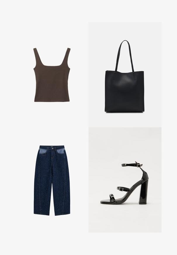 Hnědý bezramínkový top se čtvercovým výstřihem vyrobený z měkké, elastické tkaniny. Má přiléhavý design a ploché švy.; Tmavě modré denimové kalhoty s širokými nohavicemi, které mají skvrnité textury, dvě přední kapsy s kontrastní světlou látkou a viditelné detaily stehu.; Černé lakované sandály na podpatku se čtveratou špičkou, lýtkovými pásky a stříbrnými přezkami. Disponují masivním blokovým podpatkem pro stabilitu.; Černá kožená taška přes rameno s hladkým povrchem, obdélníkovým tvarem a dvěma dlouhými uchy. Žádné viditelné kování ani ozdoby.