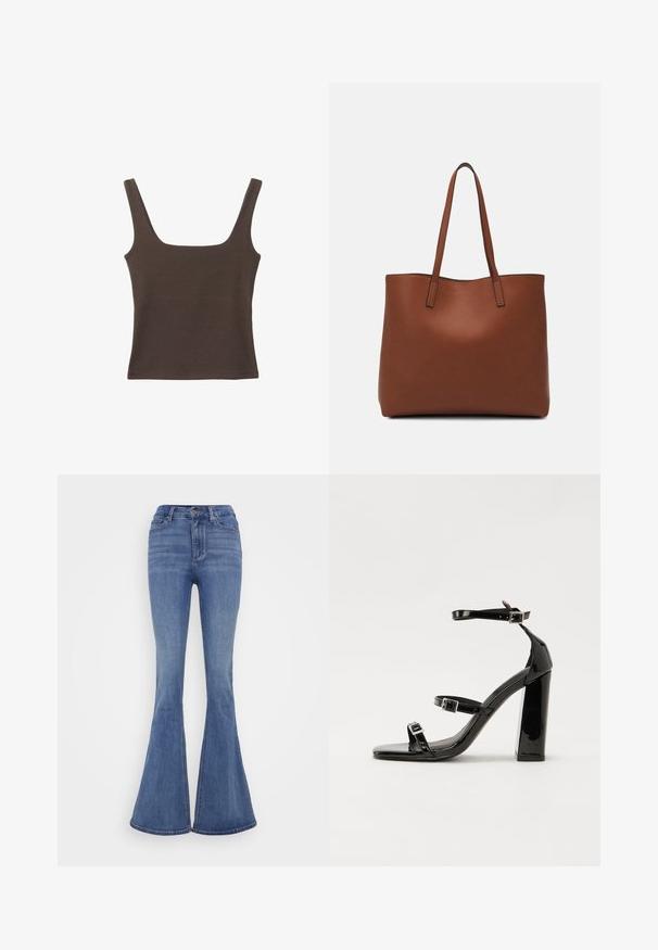 Ruskea hihaton toppi, jossa on neliönmuotoinen kaula-aukko, valmistettu pehmeästä ja joustavasta kankaasta. Ominaisuuksiin kuuluu istuva muotoilu ja sileät saumat.; Vaaleansiniset leveälahkeiset farkut korkealla vyötäröllä, valmistettu denimistä. Omistaa etu-napituskiinnityksen ja sileän pinnan.; Musta kiiltäväpintainen korkokengät, joissa on kaksi solkikiinnitystä, neliönmuotoinen kärki ja paksu korko, sileällä, kiiltävällä pintarakenteella.; Ruskea nahkainen olkalaukku, jossa on sileä pinta, avoin yläosa ja kaksi olkahihnaa. Omaavat vain minimaalisen ompelun eikä näkyvää metalliosaa.