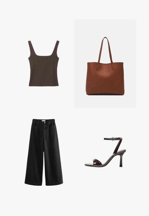 Braunes ärmelloses Oberteil mit quadratischem Ausschnitt, aus weichem, dehnbarem Stoff gefertigt. Verfügt über ein figurbetontes Design und flache Nähte.; Schwarze, weit geschnittene Jeans aus Denim, mit hoher Taille, fünf Taschen und einem klaren Finish. Der Stoff hat eine glatte Textur und minimale Akzente.; Braune Lackleder-High-Heelsandale mit einem Knöchelriemen, offener Zehenpartie und einem schlanken, minimalistischen Design. Verfügt über einen quadratischen Absatz.; Braune Leder-Tote mit glatter Textur, offenem Oberteil und zwei Schulterriemen. Verfügt über minimale Nähte und keine sichtbaren Beschläge.
