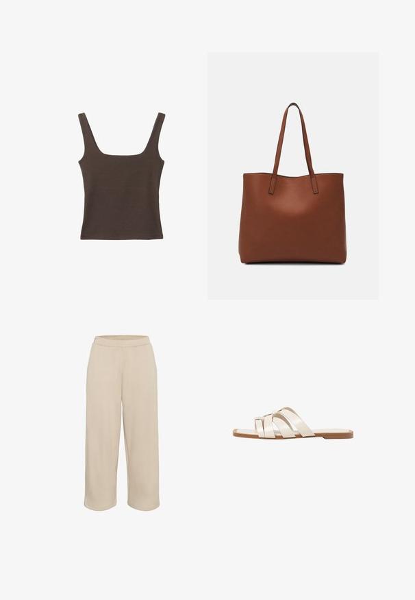 Rjava brezrokavna majica s kvadratnim izrezom, narejena iz mehkega, elastičnega materiala. Ima oprijet kroj in ravne šive.; Kaffe CROPPED - Spodnji deli trenirk - feather gray; Ravne sandale s svetlo rjavim gumijastim podplatom, zasnovane s tremi prekrivajočimi se belimi usnjenimi trakovi in majhnim lokom na sredini.; Rjava usnjena torba z gladko teksturo, odprto zasnovo zgoraj in dvema naramnima trakovoma. Opremljena je z minimalnim šivanjem in brez vidnih kovinskih delov.