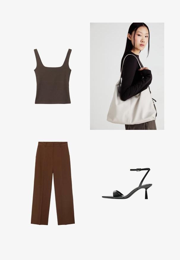 Bruine tanktop zonder mouwen met een vierkante halslijn, gemaakt van zachte, rekbare stof. Heeft een aansluitend ontwerp en platte naden.; Bruine wijde broeken van soepel materiaal met een hoge taille, voorzien van voorzakken en een nette plooien aan de voorkant.; Bershka Sandalen met hoge hak - black; Beige handtas gemaakt van zacht materiaal, met een slonzig ontwerp, gestikte details en twee schouderbanden. Geschikt voor dagelijks gebruik.