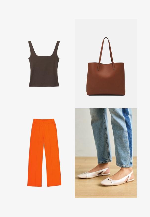 Bruine tanktop zonder mouwen met een vierkante halslijn, gemaakt van zachte, rekbare stof. Heeft een aansluitend ontwerp en platte naden.; Oranje broek van een textuurstof, met een elastische tailleband, zijzakken en contrasterende stiksels langs de naden.; Zachtroze slingback ballerina's met een spitse neus, gemaakt van een glad leerachtig materiaal. Bevat uitsnijdingen aan de zijkanten en heeft een platte hak.; Bruine leren tote bag met een gladde textuur, een ontwerp met een open bovenkant en twee schouderbanden. Kenmerkt zich door minimale stiksels en geen zichtbare hardware.