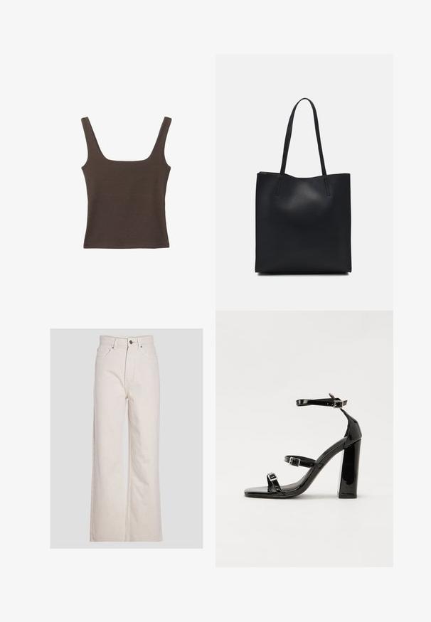 Braunes ärmelloses Oberteil mit quadratischem Ausschnitt, aus weichem, dehnbarem Stoff gefertigt. Verfügt über ein figurbetontes Design und flache Nähte.; Beige weit geschnittene Jeans aus Baumwoll-Denim, mit hoher Taille, Frontknopfverschluss und klassischem Fünf-Taschen-Design.; Schwarze patentierte Sandalen mit Absatz, quadratischer Spitze, Knöchelriemen und silbernen Schnallen. Mit einem stabilen Blockabsatz für mehr Stabilität.; Schwarze Laptoptasche aus Leder mit glatter Textur, rechteckiger Form und zwei langen Griffen. Keine sichtbaren Beschläge oder Verzierungen.