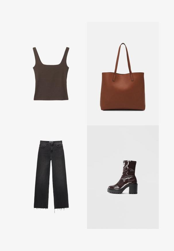 Top senza maniche marrone con scollo quadrato, realizzato in tessuto morbido ed elastico. Presenta un design aderente e cuciture piatte.; Jeans in denim nero a gamba larga con vita alta e orlo sfilacciato, design a cinque tasche e chiusura con bottone. Texture liscia con un finish sbiadito.; Stivale alla caviglia bordeaux lucido con un tacco spesso nero, caratterizzato da una superficie liscia e un design semplice. Nessuna chiusura visibile o motivo.; Borsa tote in pelle marrone con texture liscia, design con apertura superiore e due spallacci. Presenta cuciture minime e nessun hardware visibile.