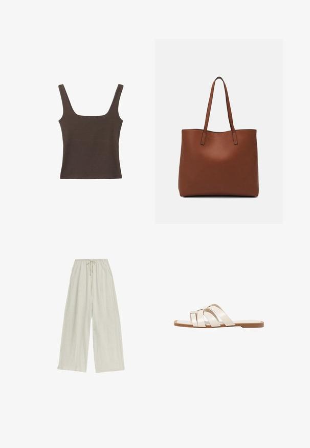 Brun ærmeløs top med firkantet udskæring, lavet af blød, strækbar stof. Har et tætsiddende design og flade sømme.; Løse, let beige linnedbukser med elastisk talje og snøre. Har en afslappet pasform og en struktureret overflade.; Flade sandaler med en lys gummisål, designet med tre overlappende hvide læderremme og en lille sløjfe detalje i midten.; Brun læder tote taske med en glat overflade, åben topdesign og to skulderremme. Har minimal syning og ingen synlig hardware.