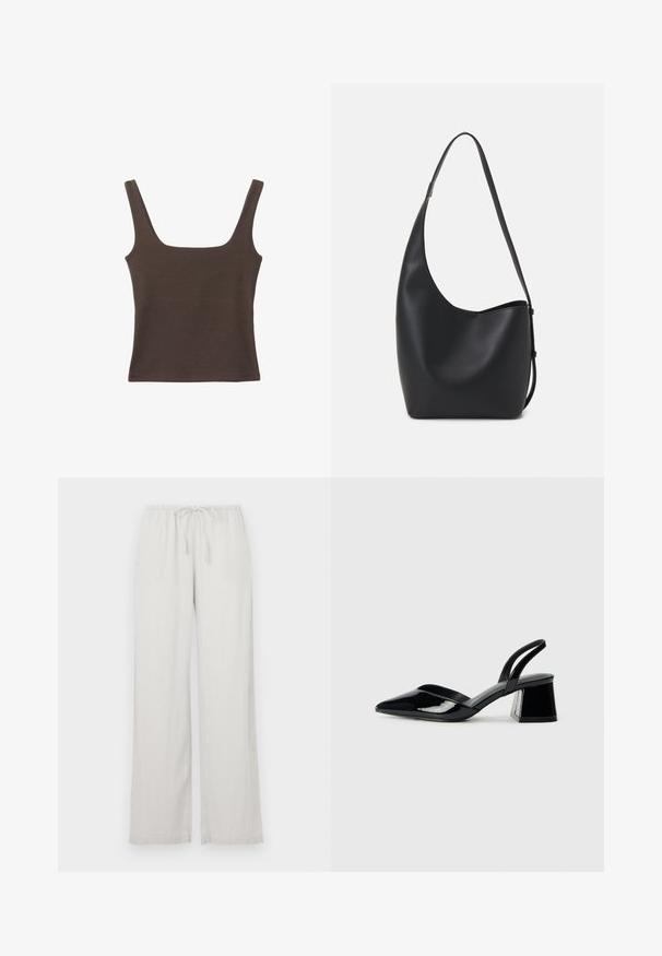 Brun ærmeløs top med firkantet udskæring, lavet af blød, strækbar stof. Har et tætsiddende design og flade sømme.; Lysegrå vide benbukser lavet af blødt materiale, med elastisk talje og snor, samt to sidelommer.; Sorte patentlæder slingback hæle med spids tå og en geometrisk blok hæl. Har et elegant, minimalistisk design og en glat tekstur.; Sort læder hobo taske med en glat overflade, buet form og en enkelt justerbar rem; har en bred åbning øverst.