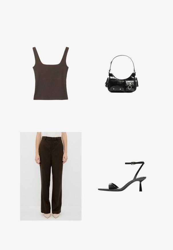 Haut sans manches marron avec un décolleté carré, fabriqué à partir d'un tissu doux et extensible. Présente un design ajusté et des coutures plates.; Pantalons marron à rayures fines avec une coupe droite, dotés d'une taille avec passants de ceinture et de poches avant, fabriqués dans un tissu lisse.; Bershka Sandales à talons hauts - black; Sac à main en cuir verni noir avec une forme incurvée, une bandoulière, des poches avant et des accents en métal argenté.