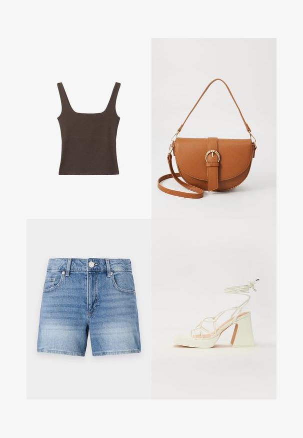 Brun ärmlös topp med fyrkantig halsringning, tillverkad av mjukt, elastiskt tyg. Har en figurnära design och plana sömmar.; Jeansshorts i ljusblå tvättning, med hög midja, fem fickor, framknapp och rak benform med något fransade fållar.; Vit högklackad sandal med en kraftig klack, med ett remdesign och ankelband. Slät textur med en plattform framtill för ökad höjd.; Brun läder crossbody-väska med en böjd form, gyllene detaljer och en spänneaccent. Har en avtagbar axelrem.