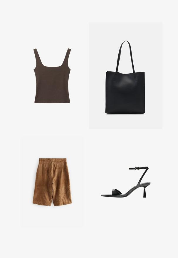 Brun ærmeløs top med firkantet udskæring, lavet af blød, strækbar stof. Har et tætsiddende design og flade sømme.; Brune ruskindshorts med en afslappet pasform, der har subtile sømdetaljer og en mellem-høj talje. Glat tekstur uden synlig hardware.; Bershka Højhælede sandaletter / Højhælede sandaler - black; Sort læder tote taske med glat tekstur, rektangulær form og to lange hanke. Ingen synlig hardware eller udsmykninger.