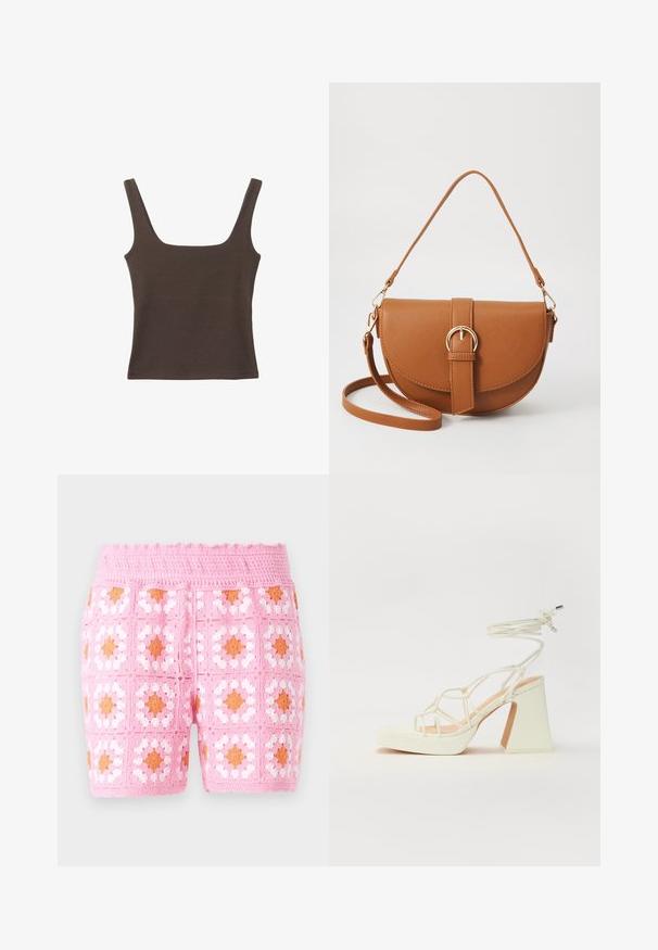 Ruskea hihaton toppi, jossa on neliönmuotoinen kaula-aukko, valmistettu pehmeästä ja joustavasta kankaasta. Ominaisuuksiin kuuluu istuva muotoilu ja sileät saumat.; Vaaleanpunaiset virkatut housut, joissa on neliökuvio ja valkoisia sekä oransseja yksityiskohtia. Rakenne on teksturoitua ja vyötärö on aaltoileva yksityiskohta.; Valkoinen korkokenkä, jossa on paksu korko, ja joka sisältää nauhakiinnityksen ja nilkkaketjun. Sujuva pinta, jossa on platform-etupohja lisäkorkeutta varten.; Ruskean nahkainen olkalaukku, jossa on kaareva muoto, kultaiset yksityiskohdat ja solkiyksityiskohta. Varustettu irrotettavalla olkahihnalla.