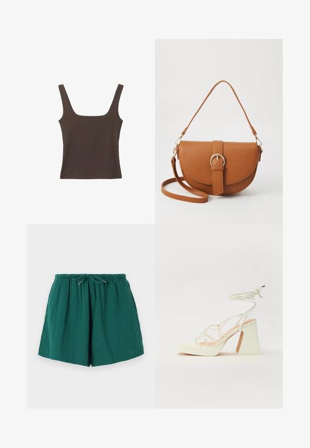 Brązowa bezrękawnikowa bluzka o kwadratowym dekolcie, wykonana z miękkiego, elastycznego materiału. Posiada dopasowany krój i płaskie szwy.; Zielone, lekkie szorty z elastycznym paskiem w talii i sznurkiem do regulacji. Posiadają teksturowany materiał o miękkim, pomarszczonym wyglądzie.; Biała sandał na wysokim obcasie z masywnym słupkiem, z paskowym wzorem i wiązaniem przy kostce. Gładka faktura z platformą z przodu dla dodatkowej wysokości.; Brązowa skórzana torba na ramię o zaokrąglonym kształcie, ze złotymi akcentami i zapięciem w formie klamry. Posiada odpinany pasek na ramię.