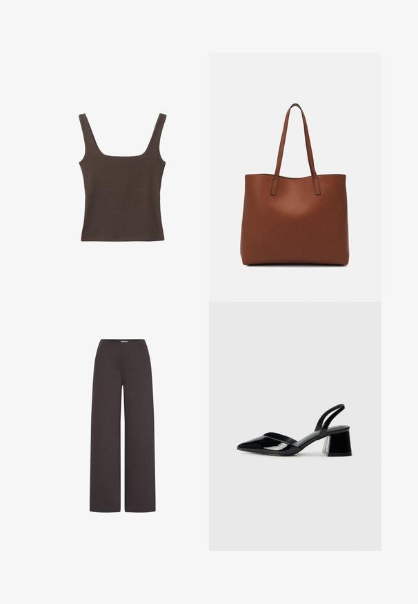 Hnedý bezrúškový top so štvorcovým výstrihom, vyrobený z mäkkého, elastického materiálu. Má priliehavý strih a ploché švy.; ICHI Nohavice - chocolate torte; Čierne lakované kožené sandálové podpätky s špicatou špičkou a geometrickým blokovým podpätkom. Disponujú elegantným, minimalistickým dizajnom a hladkým povrchom.; Hnedá kožená taška na rameno s hladkou textúrou, otvoreným vrchom a dvoma ramenými popruhmi. Má minimálne šitia a žiadne viditeľné kovania.