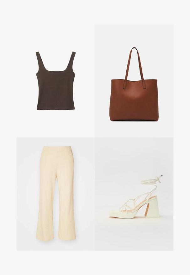 Hnedý bezrúškový top so štvorcovým výstrihom, vyrobený z mäkkého, elastického materiálu. Má priliehavý strih a ploché švy.; Svetlo béžové nohavice s širokými nohavicami z textúrovanej látky, s elastickým pásom a dvoma bočnými vreckami.; Biele sandále na vysokom opätku s hrubým podpätkom, s pruhovaným dizajnom a viazaním na členku. Hladký povrch s platformou vpredu pre zvýšenú výšku.; Hnedá kožená taška na rameno s hladkou textúrou, otvoreným vrchom a dvoma ramenými popruhmi. Má minimálne šitia a žiadne viditeľné kovania.