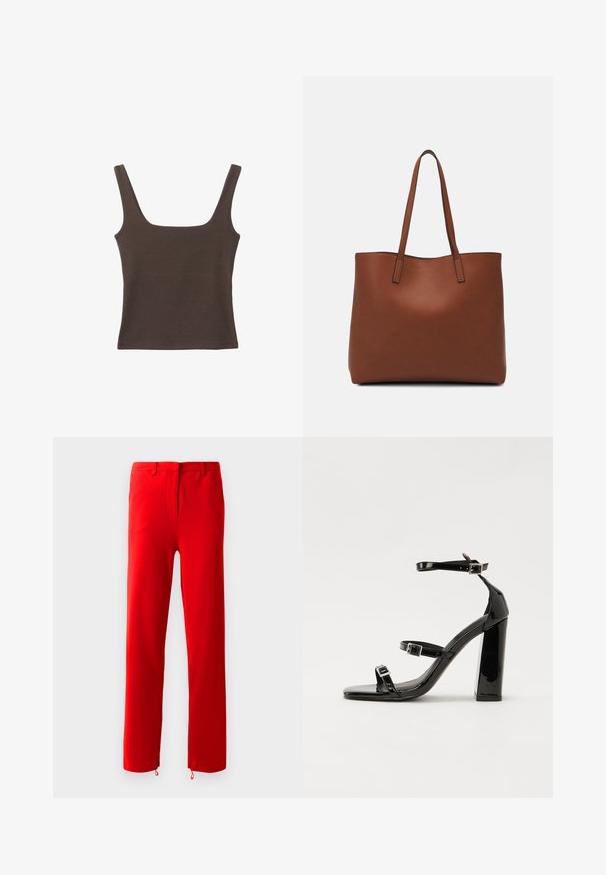 Bruine tanktop zonder mouwen met een vierkante halslijn, gemaakt van zachte, rekbare stof. Heeft een aansluitend ontwerp en platte naden.; Rode broek van glad, rekbaar materiaal. Heeft een vlakke voorkant met een verborgen ritssluiting, rechte pijpen en verstelbare toggles aan de onderkanten.; Zwarte gepatenteerde sandalen met hak en een vierkante neus, enkelbandjes en zilveren gespen. Heeft een stevige blokhak voor stabiliteit.; Bruine leren tote bag met een gladde textuur, een ontwerp met een open bovenkant en twee schouderbanden. Kenmerkt zich door minimale stiksels en geen zichtbare hardware.