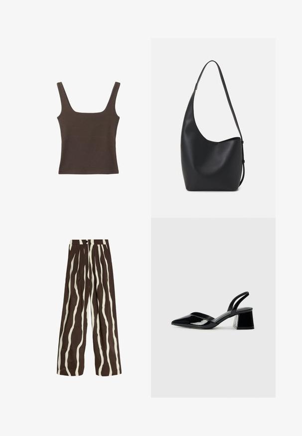 Brun ærmeløs top med firkantet udskæring, lavet af blød, strækbar stof. Har et tætsiddende design og flade sømme.; Højtaljede bukser med vide ben, vertikale bølgede striber i hvid og mørkebrun, frontknap, lynlås og sidelommer.; Sorte patentlæder slingback hæle med spids tå og en geometrisk blok hæl. Har et elegant, minimalistisk design og en glat tekstur.; Sort læder hobo taske med en glat overflade, buet form og en enkelt justerbar rem; har en bred åbning øverst.