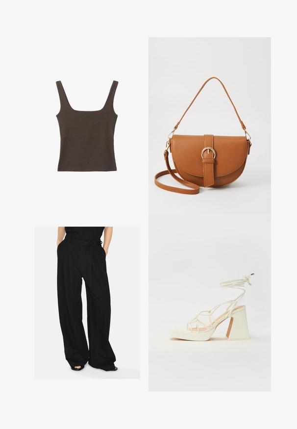 Braunes ärmelloses Oberteil mit quadratischem Ausschnitt, aus weichem, dehnbarem Stoff gefertigt. Verfügt über ein figurbetontes Design und flache Nähte.; Schwarze Schlaghose aus leichtem Stoff. Mit einem taillierten Bund, einem gebundenen Gürtel und vorderen Falten für zusätzliche Details.; Weiße High-Heel-Sandale mit einem klobigen Absatz, die über ein Riemchendesign und ein Knöchelband verfügt. Glatte Textur mit einer Plattform vorne für zusätzliche Höhe.; Braune Leder-Crossbody-Tasche mit geschwungener Form, goldfarbenen Beschlägen und einer Schnallenakzentuierung. Verfügt über einen abnehmbaren Schultergurt.