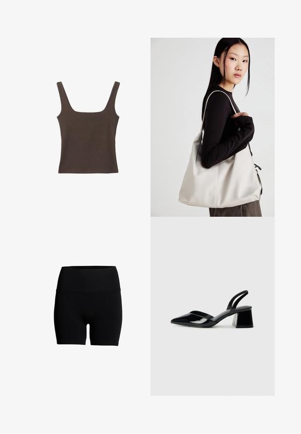 Top senza maniche marrone con scollo quadrato, realizzato in tessuto morbido ed elastico. Presenta un design aderente e cuciture piatte.; Shorts neri in misto cotone con un'alta vita elasticizzata, texture liscia e design aderente. Nessun motivo visibile o dettagli metallici.; Décolleté in vernice nera con punta affusolata e tacco in geometria cubica. Presentano un design elegante e minimalista, con una texture liscia.; Borsa a mano beige realizzata in materiale morbido, caratterizzata da un design morbido, dettagli cuciti e due manici. Adatta per l'uso quotidiano.