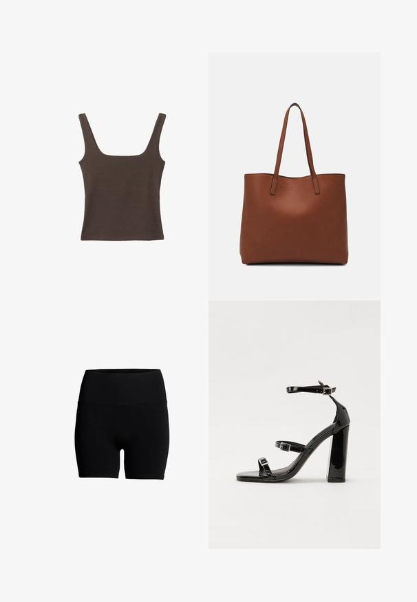 Rjava brezrokavna majica s kvadratnim izrezom, narejena iz mehkega, elastičnega materiala. Ima oprijet kroj in ravne šive.; Črne kratke hlače iz bombažne mešanice z visokim elastičnim pasom, gladko teksturo in prilegnjenim dizajnom. Brez vidnih vzorcev ali kovinskih detajlov.; Črne lakirane sandale s peto, kvadratnim prstom, trakovi okrog gležnja in srebrnimi zaponkami. Opremljene so s stabilno Debelo peto.; Rjava usnjena torba z gladko teksturo, odprto zasnovo zgoraj in dvema naramnima trakovoma. Opremljena je z minimalnim šivanjem in brez vidnih kovinskih delov.