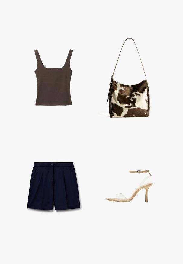 Top senza maniche marrone con scollo quadrato, realizzato in tessuto morbido ed elastico. Presenta un design aderente e cuciture piatte.; Pantaloni corti blu navy realizzati in tessuto liscio, con chiusura a bottone, cintura elastica, pieghe davanti e tasche laterali.; Sandal con tacco trasparente e parte superiore trasparente, plantare beige e una sottile cinghia alla caviglia. Presenta una punta appuntita e un tacco alto e sottile.; Borsa a spalla in pelle bovina marrone e crema con tracolla in pelle liscia, chiusura con zip e superficie morbida e testurizzata con un motivo naturale.