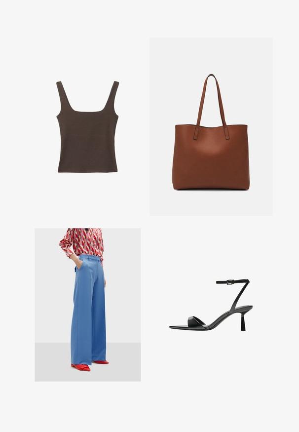 Smešani smeđi top bez rukava sa kvadratnim izrezom, izrađen od mekanog, rastezljivog materijala. Ima kroj koji se uklapa i ravne šavne.; Svijetloplave široke hlače s džepovima i glatkom teksturom, uparene s dugom košuljom s uzorkom u crvenoj i ružičastoj boji te crvenim cipelama s oštrim vrhom.; Bershka Sandale s visokom petom - black; Smeđa kožna torba preko ramena s glatkom teksturom, otvorenim vrhom i dvjema naramenicama. Ima minimalne šavove i nema vidljivog hardvera.