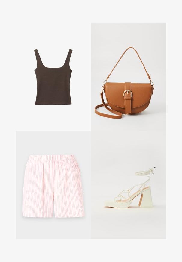 Hnědý bezramínkový top se čtvercovým výstřihem vyrobený z měkké, elastické tkaniny. Má přiléhavý design a ploché švy.; Lehká bavlněná šortky s růžovo-bílým vertikálním pruhovaným vzorem, které mají elastický pas pro pohodlí a snadné nošení.; Bílé sandály na vysokém podpatku s robustním podpatkem, s designem s pásky a zavazováním kolem kotníku. Hladký povrch s platformou vpředu pro zvýšení výšky.; Hnědá kožená křížová taška s zakřiveným tvarem, zlatými detaily a akcentem s přezkou. Obsahuje odnímatelný popruh na rameno.