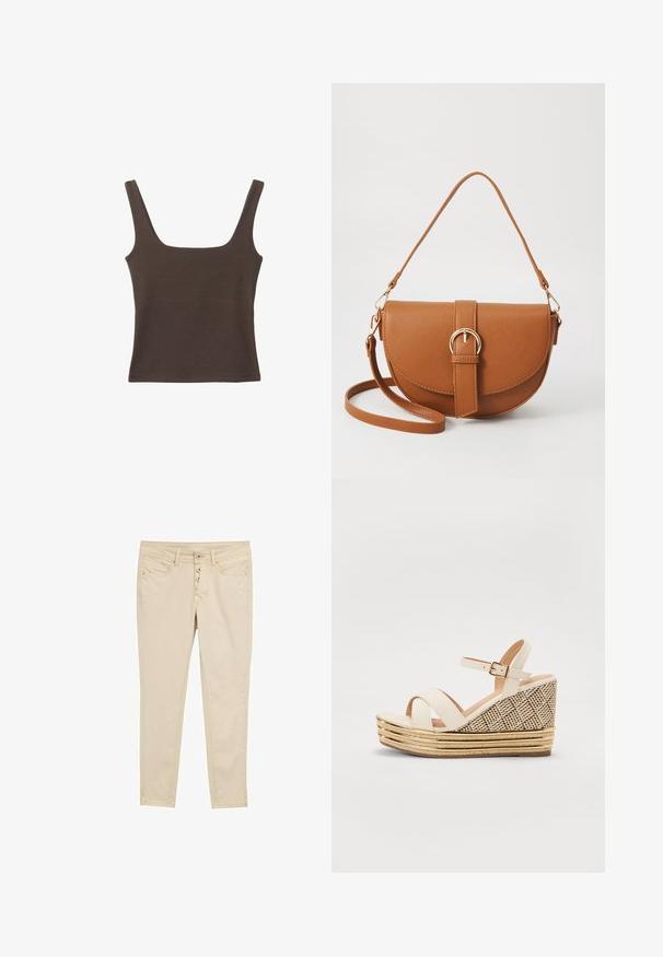 Hnedý bezrúškový top so štvorcovým výstrihom, vyrobený z mäkkého, elastického materiálu. Má priliehavý strih a ploché švy.; Béžové bavlnené skinny jeans s piatimi gombíkmi, prednými vreckami a jemnými detailmi prešitia. Hladká textúra a priliehavý strih.; Sandále na klíne s krémovým textilným zvrškom, nastaviteľným remienkom okolo členka a textúrovaným tkaným podpätkom s zlatými akcentami a vrstvenou slamou.; Hnedá kožená kabelka cez telo s zakriveným tvarom, zlatými kovovými doplnkami a akcentom s prackou. Obsahuje odnímateľný ramenný popruh.