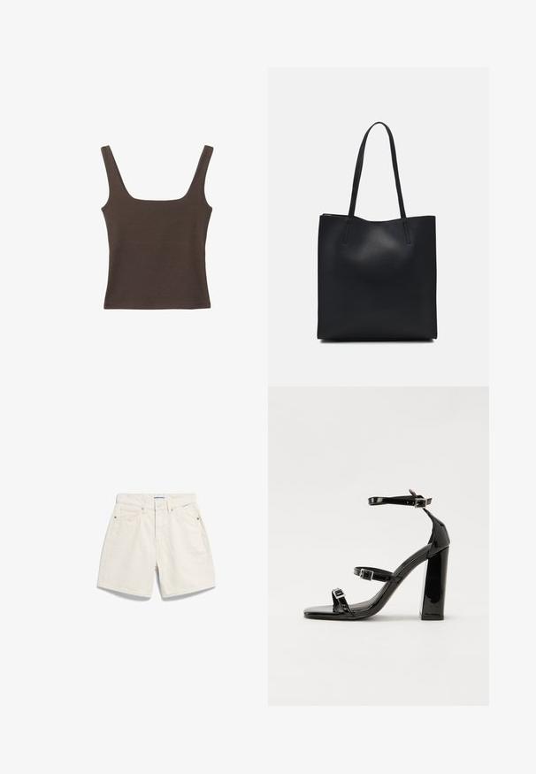 Braunes ärmelloses Oberteil mit quadratischem Ausschnitt, aus weichem, dehnbarem Stoff gefertigt. Verfügt über ein figurbetontes Design und flache Nähte.; Cremfarbene Jeansshorts mit geradem Bein, Fünf-Taschen-Design, Metallknopfverschluss und dezenten Stickdetails.; Schwarze patentierte Sandalen mit Absatz, quadratischer Spitze, Knöchelriemen und silbernen Schnallen. Mit einem stabilen Blockabsatz für mehr Stabilität.; Schwarze Laptoptasche aus Leder mit glatter Textur, rechteckiger Form und zwei langen Griffen. Keine sichtbaren Beschläge oder Verzierungen.