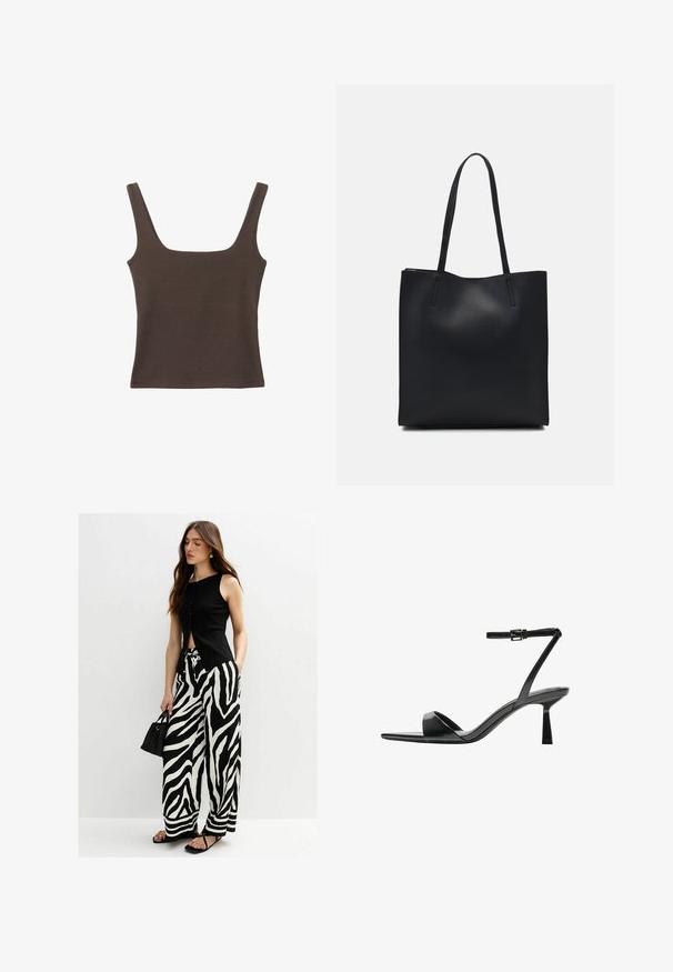 Brown sleeveless top with a square neckline, made from soft, stretchy fabric. Features a fitted design and flat seams.; Black sleeveless top with front buttons paired with wide-leg black and white zebra-striped pants; model holding a small black bag.; Bershka High heeled sandals - black; Black leather tote bag with smooth texture, rectangular shape, and two long handles. No visible hardware or embellishments.