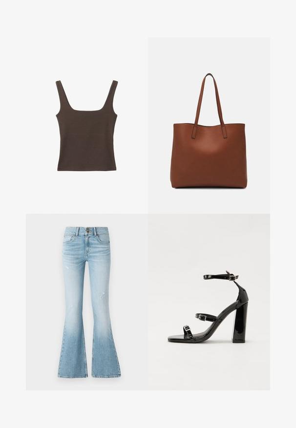 Rjava brezrokavna majica s kvadratnim izrezom, narejena iz mehkega, elastičnega materiala. Ima oprijet kroj in ravne šive.; Svijetloplave traper cipele s razdvojenim nogavicama i visokim strukom, s blagim istrošenim izgledom, zatvaranjem na dva dugmeta i klasičnim pet-pocket dizajnom.; Črne lakirane sandale s peto, kvadratnim prstom, trakovi okrog gležnja in srebrnimi zaponkami. Opremljene so s stabilno Debelo peto.; Rjava usnjena torba z gladko teksturo, odprto zasnovo zgoraj in dvema naramnima trakovoma. Opremljena je z minimalnim šivanjem in brez vidnih kovinskih delov.