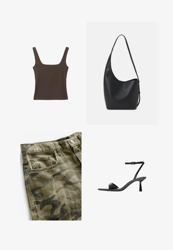 Top senza maniche marrone con scollo quadrato, realizzato in tessuto morbido ed elastico. Presenta un design aderente e cuciture piatte.; Next Shorts di jeans - camo print; Bershka Sandali con tacco - black; Borsa hobo nera in pelle con una superficie liscia, forma curvata e una singola tracolla regolabile; presenta un'ampia apertura nella parte superiore.