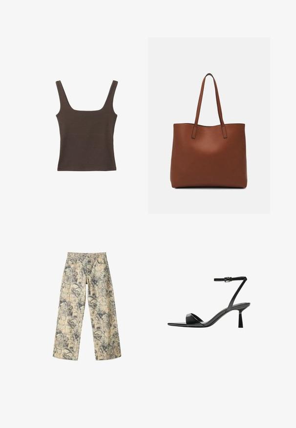 Smešani smeđi top bez rukava sa kvadratnim izrezom, izrađen od mekanog, rastezljivog materijala. Ima kroj koji se uklapa i ravne šavne.; Hlače širokih nogavica u kamo uzorku s nijansama zelene, bež i sive boje. Izrađene su od teksturiranog materijala s tradicionalnim dizajnom džepova.; Bershka Sandale s visokom petom - black; Smeđa kožna torba preko ramena s glatkom teksturom, otvorenim vrhom i dvjema naramenicama. Ima minimalne šavove i nema vidljivog hardvera.