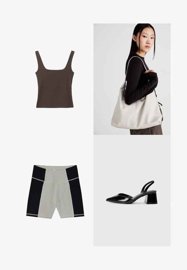 Brun ærmeløs top med firkantet udskæring, lavet af blød, strækbar stof. Har et tætsiddende design og flade sømme.; Herre svømmedragter med en beige midtersektion og sorte sidepaneler. Fremstillet af glat stof med kontrastsyninger. Længde til midten af låret.; Sorte patentlæder slingback hæle med spids tå og en geometrisk blok hæl. Har et elegant, minimalistisk design og en glat tekstur.; Beige håndtaske lavet af blødt materiale med et slouchy design, stikninger og to skulderremme. Velegnet til daglig brug.