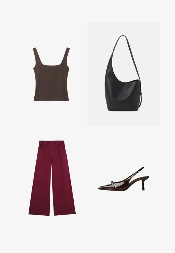 Braunes ärmelloses Oberteil mit quadratischem Ausschnitt, aus weichem, dehnbarem Stoff gefertigt. Verfügt über ein figurbetontes Design und flache Nähte.; Burgunderfarbene weit geschnittene Hose aus Baumwolle mit glatter Textur, ausgestattet mit zwei Fronttaschen und einem klassischen Taillenbunddesign.; Braune Lackleder-Slingback-Schuhe mit spitzem Zehenbereich, niedrigem Absatz und einer dekorativen Schleifenakzent an der Vorderseite. Glatte, glänzende Textur.; Schwarze Leder-Hobo-Tasche mit einer glatten Textur, geschwungener Form und einem einzelnen verstellbaren Tragegurt; verfügt über eine weite Öffnung am oberen Ende.
