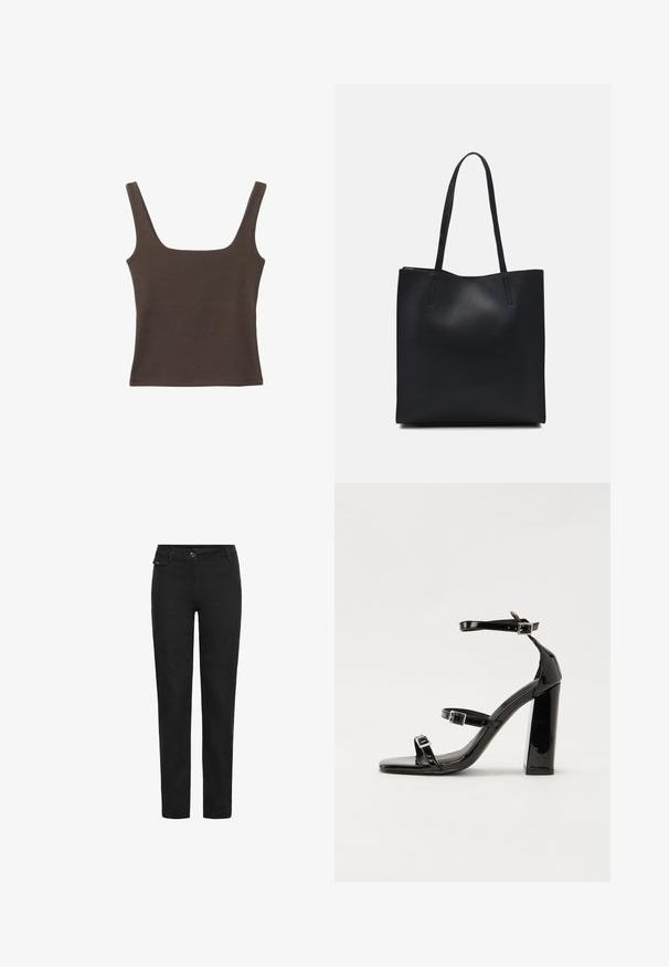 Rjava brezrokavna majica s kvadratnim izrezom, narejena iz mehkega, elastičnega materiala. Ima oprijet kroj in ravne šive.; Črne hlače ravnega kroja z gumbom, lisami za pas in majhnim žepkom na desni strani blizu pasu.; Črne lakirane sandale s peto, kvadratnim prstom, trakovi okrog gležnja in srebrnimi zaponkami. Opremljene so s stabilno Debelo peto.; Črna usnjena torba s svilnato teksturo, pravokotne oblike in dvema dolgima ročajema. Brez vidnih metalnih delov ali okrasnih elementov.