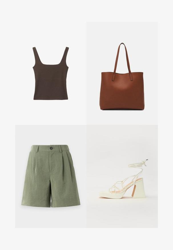 Braunes ärmelloses Oberteil mit quadratischem Ausschnitt, aus weichem, dehnbarem Stoff gefertigt. Verfügt über ein figurbetontes Design und flache Nähte.; Grüne, gefaltete Shorts aus strukturiertem Stoff. Verfügt über einen Knopfverschluss und einen geraden Saum, mit einer taillierten Passform.; Weiße High-Heel-Sandale mit einem klobigen Absatz, die über ein Riemchendesign und ein Knöchelband verfügt. Glatte Textur mit einer Plattform vorne für zusätzliche Höhe.; Braune Leder-Tote mit glatter Textur, offenem Oberteil und zwei Schulterriemen. Verfügt über minimale Nähte und keine sichtbaren Beschläge.