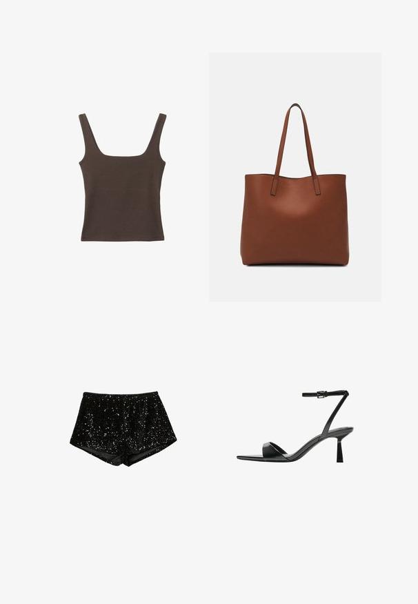 Top senza maniche marrone con scollo quadrato, realizzato in tessuto morbido ed elastico. Presenta un design aderente e cuciture piatte.; Shorts neri in paillettes con un design sagomato e testurizzato. Il tessuto presenta paillettes lucide disposte in un motivo decorativo.; Bershka Sandali con tacco - black; Borsa tote in pelle marrone con texture liscia, design con apertura superiore e due spallacci. Presenta cuciture minime e nessun hardware visibile.