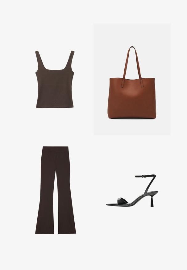 Ruskea hihaton toppi, jossa on neliönmuotoinen kaula-aukko, valmistettu pehmeästä ja joustavasta kankaasta. Ominaisuuksiin kuuluu istuva muotoilu ja sileät saumat.; Ruske leve hlače z širšim pasom, izdelane iz raztegljivega materiala. Imajo stranske razpoke na robu in sploščene šive.; Bershka Korolliset sandaalit - black; Ruskea nahkainen olkalaukku, jossa on sileä pinta, avoin yläosa ja kaksi olkahihnaa. Omaavat vain minimaalisen ompelun eikä näkyvää metalliosaa.