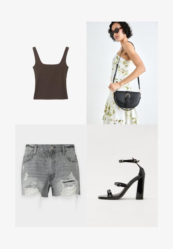 Bruine tanktop zonder mouwen met een vierkante halslijn, gemaakt van zachte, rekbare stof. Heeft een aansluitend ontwerp en platte naden.; Grijze denimshorts met rafelige zomen en meerdere versleten plekken, met een knoopsluiting en twee voorkeertools.; Zwarte gepatenteerde sandalen met hak en een vierkante neus, enkelbandjes en zilveren gespen. Heeft een stevige blokhak voor stabiliteit.; Zwarte leren handtas met een gebogen vorm, afneembare schouderband en gouden hardware. De tas heeft een klep met een gespsluiting.