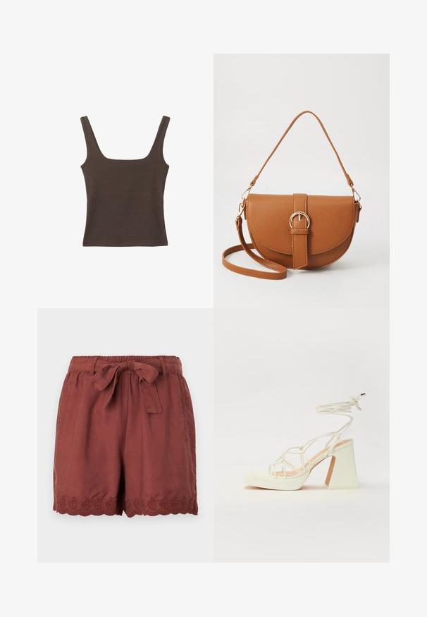 Hnedý bezrúškový top so štvorcovým výstrihom, vyrobený z mäkkého, elastického materiálu. Má priliehavý strih a ploché švy.; Šortky v rustikálnej farbe, vyrobené z ľahkého materiálu, s elastickým pásom na šnurovanie a zložitou vyšívanou lemovanou bordúrou.; Biele sandále na vysokom opätku s hrubým podpätkom, s pruhovaným dizajnom a viazaním na členku. Hladký povrch s platformou vpredu pre zvýšenú výšku.; Hnedá kožená kabelka cez telo s zakriveným tvarom, zlatými kovovými doplnkami a akcentom s prackou. Obsahuje odnímateľný ramenný popruh.