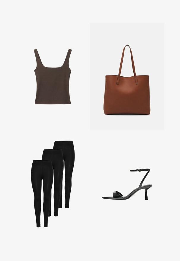 Haut sans manches marron avec un décolleté carré, fabriqué à partir d'un tissu doux et extensible. Présente un design ajusté et des coutures plates.; Leggings noirs avec une texture lisse, une taille élastique haute et un design ajusté. Trois paires exposées dans différentes positions.; Bershka Sandales à talons hauts - black; Sac fourre-tout en cuir marron avec une texture lisse, design à ouverture supérieure et deux poignées pour le porter à l'épaule. Présente des coutures minimales et aucun matériel visible.