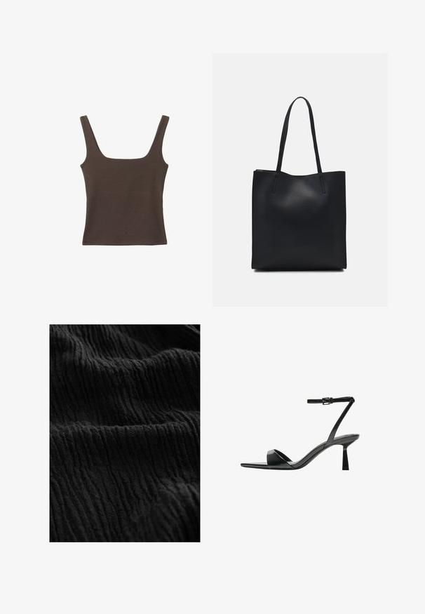 Brun ærmeløs top med firkantet udskæring, lavet af blød, strækbar stof. Har et tætsiddende design og flade sømme.; Sort tekstureret stof med en rynket overflade, der har udtalte linjer og variationer i dybden, hvilket indikerer et blødt materiale.; Bershka Højhælede sandaletter / Højhælede sandaler - black; Sort læder tote taske med glat tekstur, rektangulær form og to lange hanke. Ingen synlig hardware eller udsmykninger.
