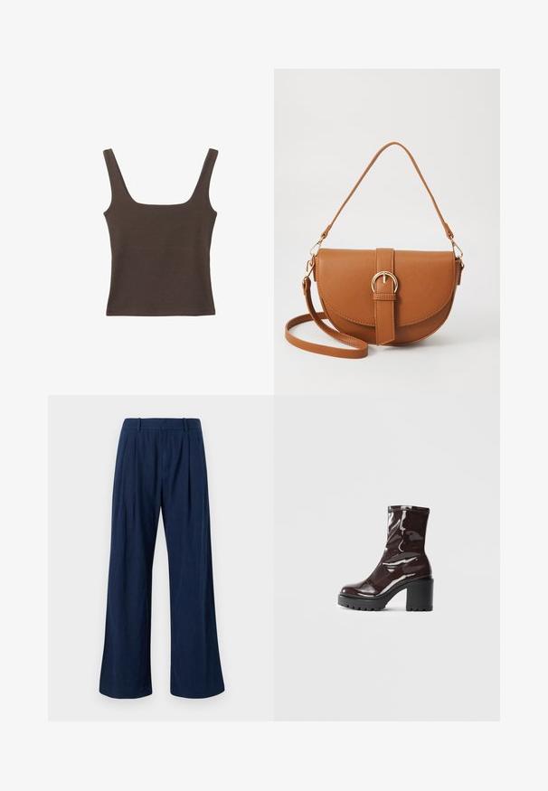 Ruskea hihaton toppi, jossa on neliönmuotoinen kaula-aukko, valmistettu pehmeästä ja joustavasta kankaasta. Ominaisuuksiin kuuluu istuva muotoilu ja sileät saumat.; Merimustat leveälahkeiset housut, jotka on valmistettu kevyestä kankaasta, korkea vyötärö, laskokset ja siistit saumat. Sileä pinta ja muotoiltu leikkaus.; Satea bordeaux berwarna mengkilap dengan tumit hitam tebal, menampilkan tekstur halus dan desain sederhana. Tanpa pengikat atau pola yang terlihat.; Ruskean nahkainen olkalaukku, jossa on kaareva muoto, kultaiset yksityiskohdat ja solkiyksityiskohta. Varustettu irrotettavalla olkahihnalla.