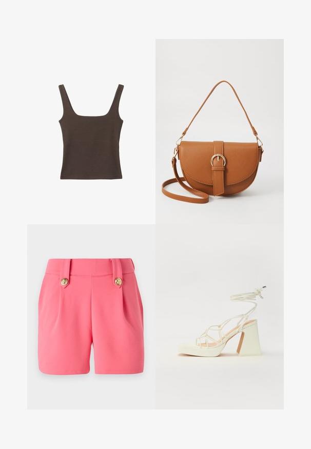 Haut sans manches marron avec un décolleté carré, fabriqué à partir d'un tissu doux et extensible. Présente un design ajusté et des coutures plates.; Shorts roses en matériau doux, avec deux plis à l'avant, des détails en bouton doré et une coupe ajustée.; Sandale blanche à talons hauts avec un talon épais, présentant un design à lanières et un lien autour de la cheville. Texture lisse avec une plateforme à l'avant pour une hauteur supplémentaire.; Sac bandoulière en cuir marron avec une forme incurvée, quincaillerie dorée et un accent en boucle. Comprend une bandoulière détachable.