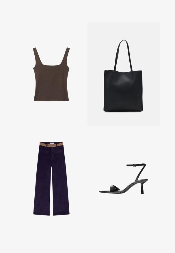 Braunes ärmelloses Oberteil mit quadratischem Ausschnitt, aus weichem, dehnbarem Stoff gefertigt. Verfügt über ein figurbetontes Design und flache Nähte.; Weite Cordhosen in tiefem Lila mit einem gemusterten Bund, ausgestattet mit Vorderaschen und orangefarbenen Nähten.; Bershka High Heel Sandalette - black; Schwarze Laptoptasche aus Leder mit glatter Textur, rechteckiger Form und zwei langen Griffen. Keine sichtbaren Beschläge oder Verzierungen.
