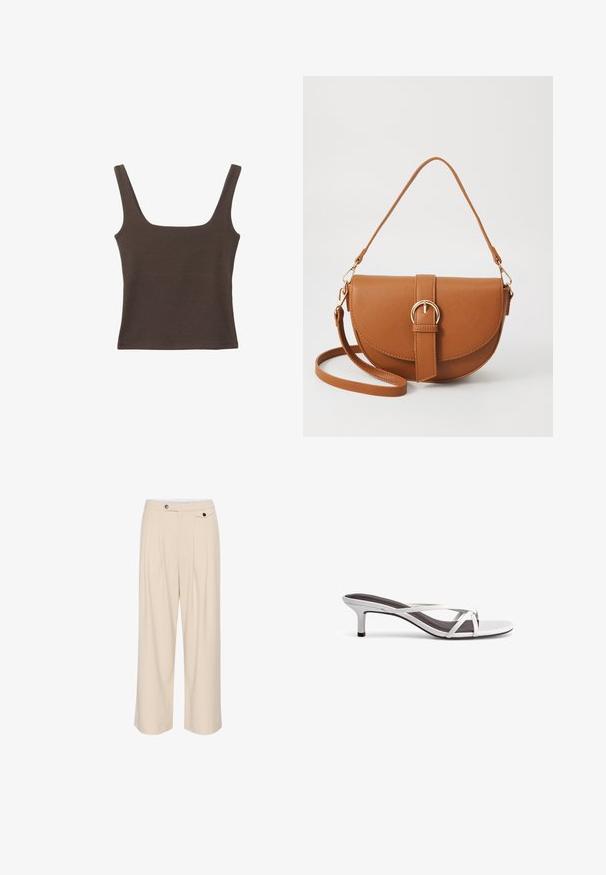 Brown sleeveless top with a square neckline, made from soft, stretchy fabric. Features a fitted design and flat seams.; Beige wide-leg trousers with a flat front, two side pockets, a button closure, and pleated detailing for added texture and design.; Silver heeled sandals with a cross-strap design, a smooth texture, and a pointed toe. The heel is approximately two inches high.; Brown leather crossbody bag with a curved shape, gold hardware, and a buckle accent. Features a detachable shoulder strap.