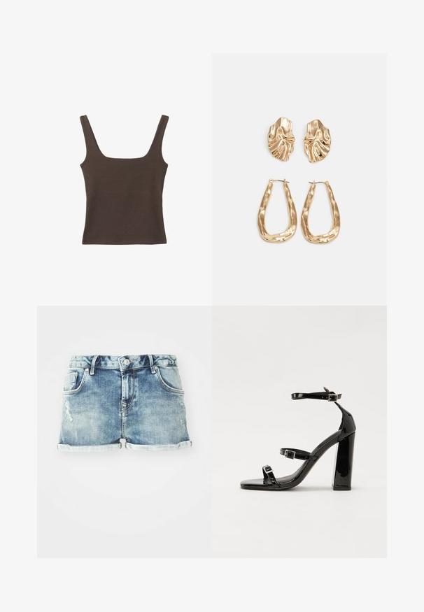 Rjava brezrokavna majica s kvadratnim izrezom, narejena iz mehkega, elastičnega materiala. Ima oprijet kroj in ravne šive.; Denim kratke hlače v svetlo modrem pranju, z zavitimi robovi, petimi žepi in obrabljenimi detajli za sproščen videz.; Črne lakirane sandale s peto, kvadratnim prstom, trakovi okrog gležnja in srebrnimi zaponkami. Opremljene so s stabilno Debelo peto.; Zlato obarvani uhani z teksturiranimi, valovitimi oblikami. Vključujejo skulpturalne sponke za ušesa in odprto obliko obročka s kladivastim finišem.