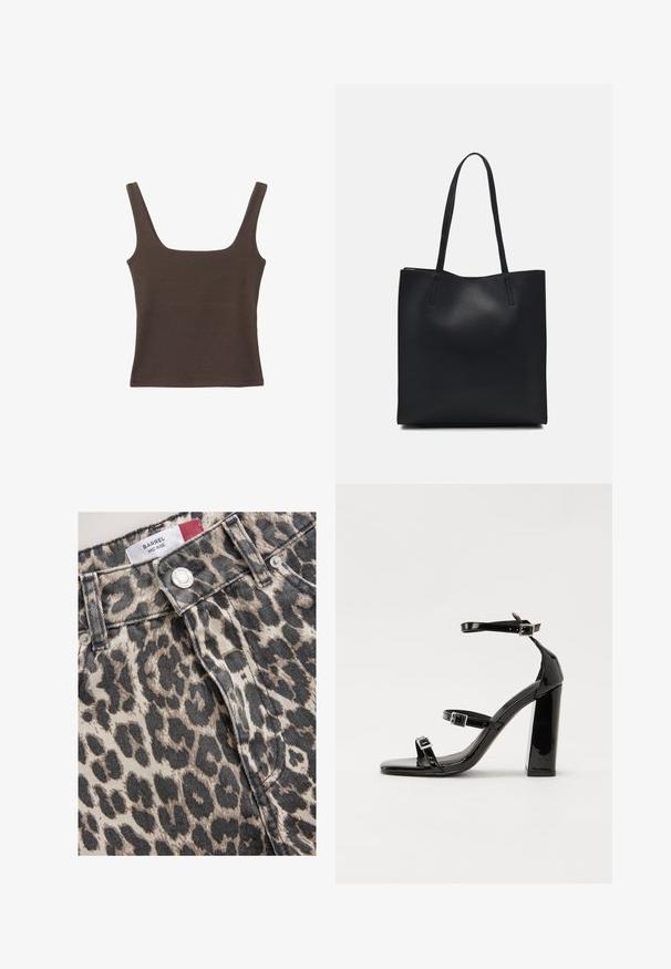 Bruine tanktop zonder mouwen met een vierkante halslijn, gemaakt van zachte, rekbare stof. Heeft een aansluitend ontwerp en platte naden.; Denim stof met luipaardprint heeft een mid-rise pasvorm en een zilveren knoopsluiting. De textuur is grof en toont een natuurlijke denim weving.; Zwarte gepatenteerde sandalen met hak en een vierkante neus, enkelbandjes en zilveren gespen. Heeft een stevige blokhak voor stabiliteit.; Zwarte leren handtas met een gladde textuur, rechthoekige vorm en twee lange handvaten. Geen zichtbare hardware of versieringen.