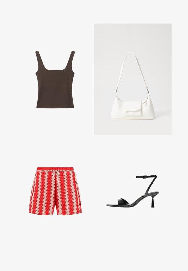 Brązowa bezrękawnikowa bluzka o kwadratowym dekolcie, wykonana z miękkiego, elastycznego materiału. Posiada dopasowany krój i płaskie szwy.; Czerwone szorty z fakturowanym materiałem w białe pionowe paski oraz falistym wzorem. Elastyczny pasek w talii i luźny krój.; Bershka - Sandały na obcasie; Biała syntetyczna torba o trójkątnym kształcie, płaskim przednim klapce i detalach w postaci kokardy, regulowanym pasku, gładkiej fakturze oraz minimalistycznym designie.